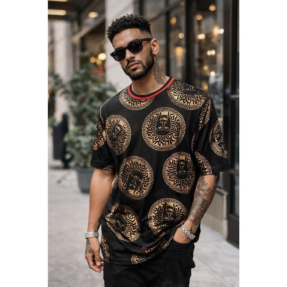 Festival Concert shirt Short Sleeve Metallic Gold Medusa Design Snake charmer